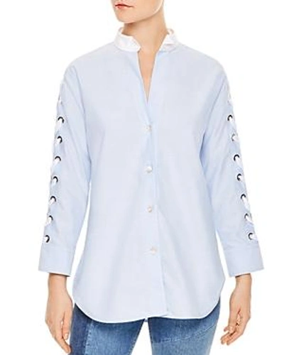 Sandro Lace-up Sleeve Cotton Shirt In Sky Blue