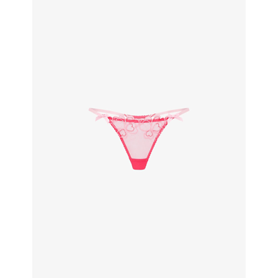 Agent Provocateur Women's Maysie Embroidered Tulle Thong In Fuchsia/baby Pink