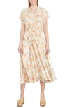 Vince Floral Crushed Cap Slv V Neck Dress In Soleil