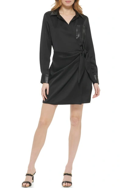 Dkny Women's Long Sleeve Mix Media Wrap Dress In Black