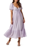 Astr Tie Back Puff Sleeve Midi Dress In Lavender