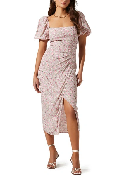 satin high neck balloon sleeve midi dress Rareism Women's Metz Light Pink Satin High Neck Dyed Balloon Sleeve Mi