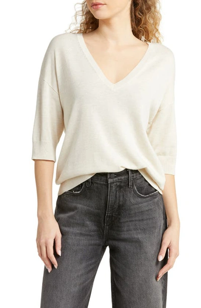 Treasure & Bond V-neck Short Sleeve Sweater In Beige Oatmeal Medium Heather