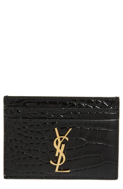 Saint Laurent Monogram Croc Embossed Patent Leather Card Case In Nero