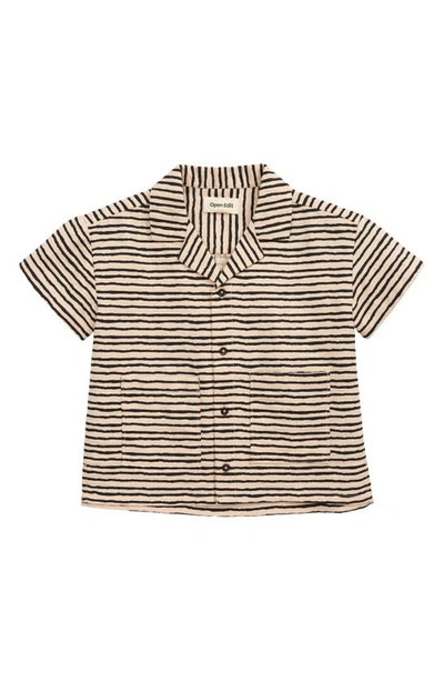 Open Edit Kids' Fun Short Sleeve Organic Cotton Camp Shirt In Beige Shifting Painted Stripes