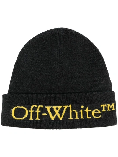 Off-white Bookish Ow Ribbed Beanie In Black Lime