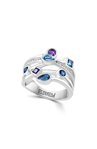 Effy Sterling Silver Diamond Amethyst Blue Topaz Ring