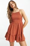 Asos Design Square Neck Shirred Mini Sundress In Rust In Red
