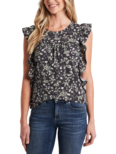 Cece Womens Floral Ruffled Blouse In Blue