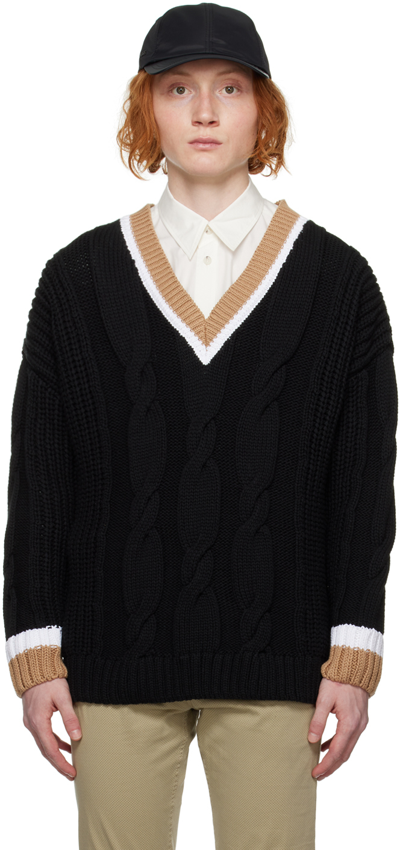 Hugo Boss Cotton-blend V-neck Sweater With Cabled Structure In Black