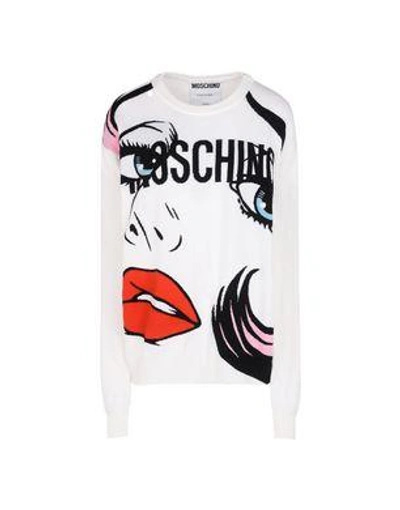 Moschino Eyes Logo Intarsia Wool Knit Sweater In White