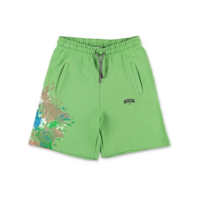Msgm Boys Green Cotton Paint Splat Logo Shorts