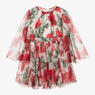 Dolce & Gabbana Babies' Girls White Poppy Silk Chiffon Dress