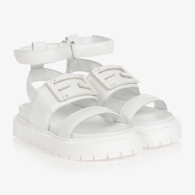 Fendi Girls White Leather Ff Logo Sandals