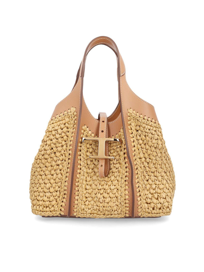 Tod's T Timeless Woven Mini Tote Bag In Beige