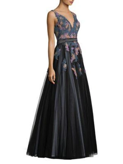 Basix Black Label Embroidered V-neck Sleeveless Ball Gown In Teal Multi