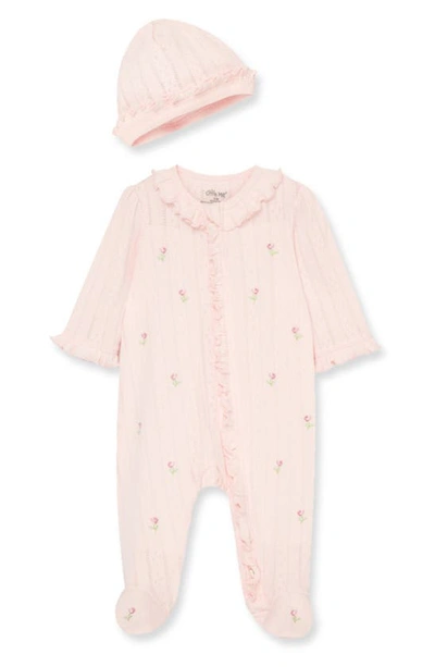 Little Me Babies' Rosebud Schiffli Embroidery Cotton Footie & Hat Set In Pink