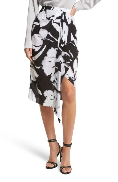 Michael Kors Brushstroke Floral Draped Panel Silk Crepe De Chine Skirt In Bold Brush Stroke Optic White Black