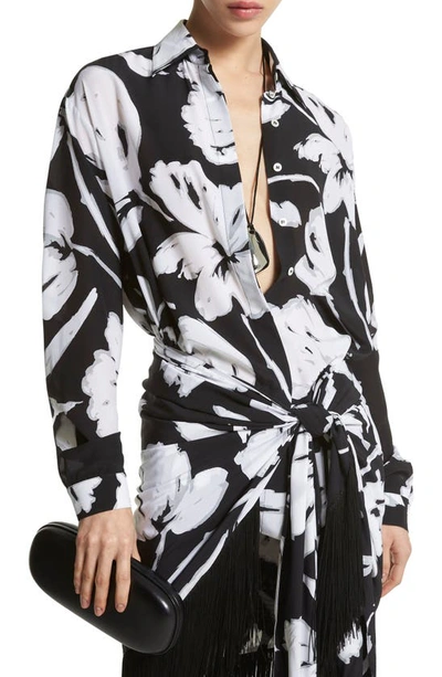 Michael Kors Brushstroke Floral Print Boyfriend Button-front Shirt In Opt Wht/bl