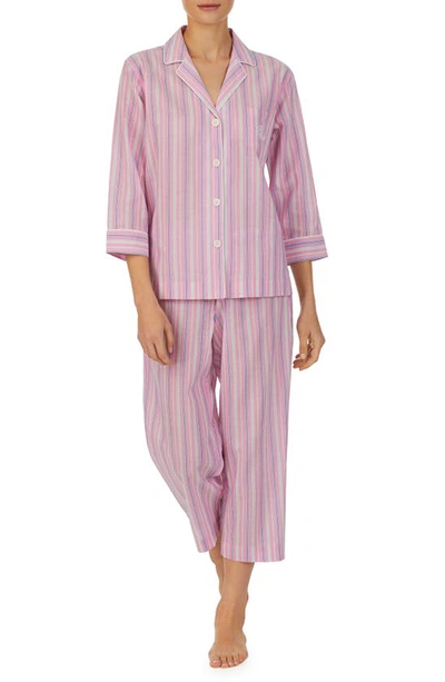Lauren Ralph Lauren Stripe Three-quarter Sleeve Cotton Blend Pajamas In Pink Stp