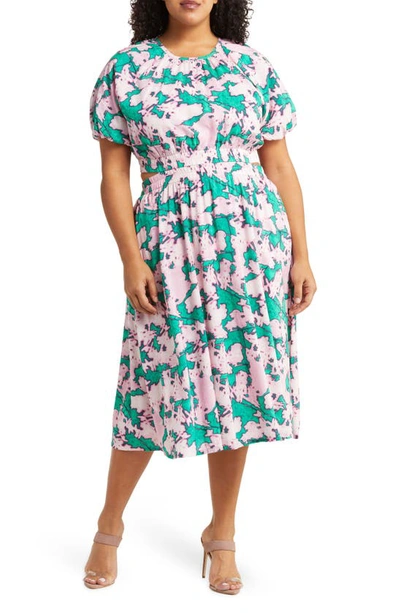 Chelsea28 Puff Sleeve Side Cutout Cotton Dress In Green- Pink Shadows