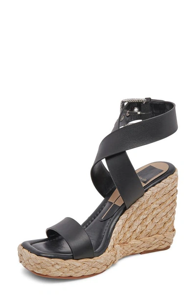 Dolce Vita Aldona Ankle Wrap Wedge Sandal In Black Leather