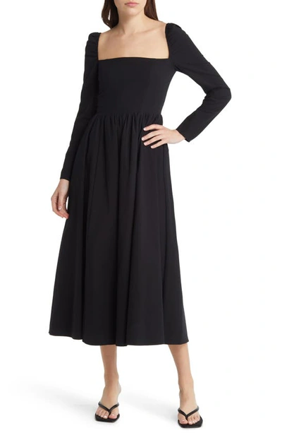 Reformation Elly Shirred Organic Cotton-blend Midi Dress In Black