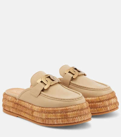 Tod's Kate Leather Platform Slippers In Beige