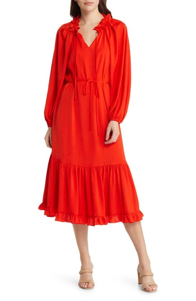 Kobi Halperin Torrence Belted Peasant Midi Dress In Flame