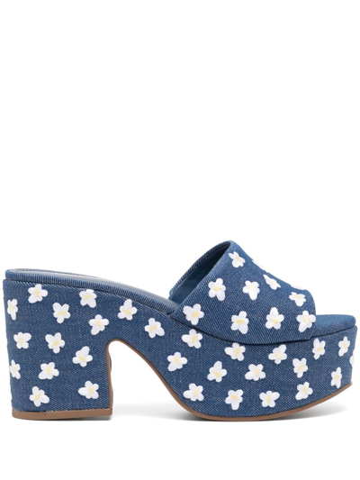 Larroude Women's Miso 90mm Flower-embroidered Denim Platform Mules In Blue