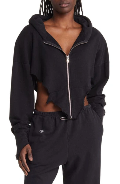 Sami Miro Vintage Crop Raw Hem Cutout Organic Hemp & Cotton French Terry Hoodie In Black