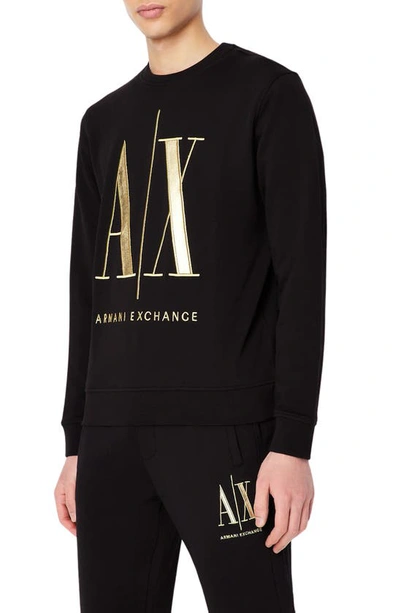 Armani Exchange Embroidered Metallic Icon Logo Sweatshirt In Black