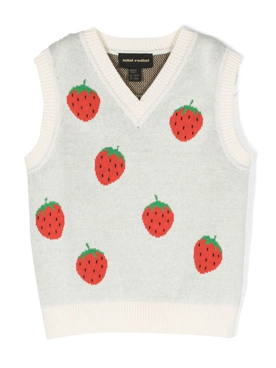 Mini Rodini Girls Offwhite Kids Strawberries V-neck Cotton-knit Vest 18 Months-11 Years In Ivory