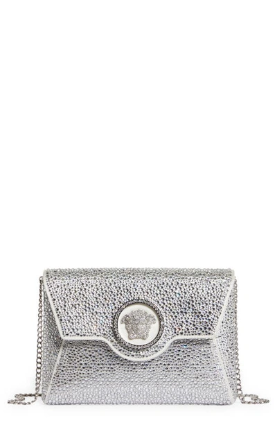 Versace La Medusa Crystal Encrusted Wallet On A Chain In Optical White/ Palladium