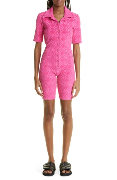 Marine Serre Sponge Moon Diamond Jacquard Snap Front Cotton Jumpsuit In Pink
