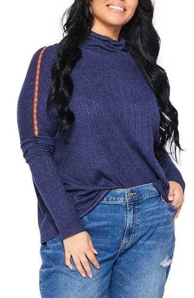 Baea Braided Shoulder Trim Turtleneck Top In Navy