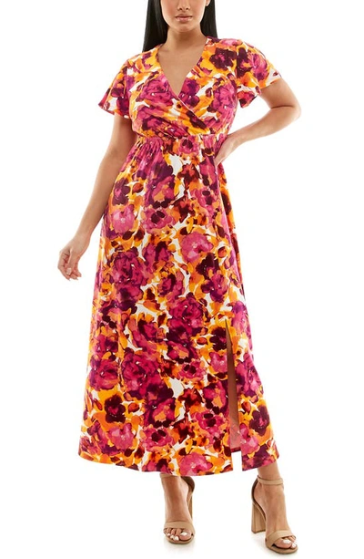 Nina Leonard Floral Flutter Sleeve Maxi Dress In Dragon Multi