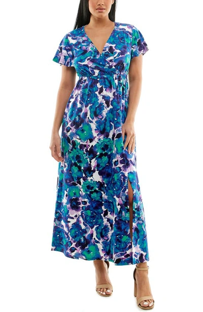 Nina Leonard Floral Flutter Sleeve Maxi Dress In Blue Multi