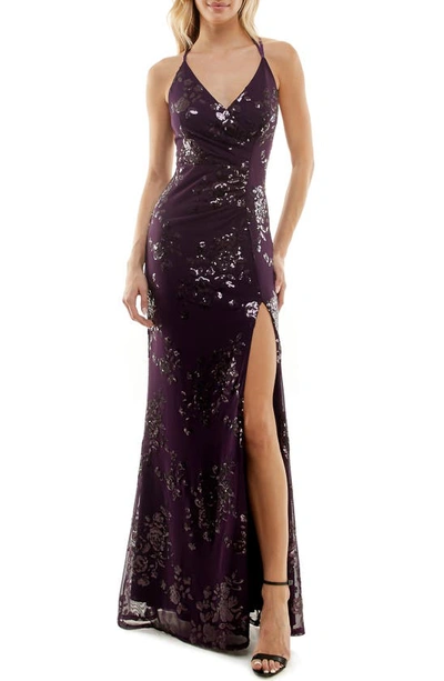 Speechless Sequin Ruched Chiffon Dress In Eggplant