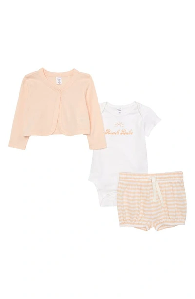 Nordstrom Babies' Beach Babe Cotton Graphic Bodysuit, Cardigan & Bloomers Set In Coral Pale Beach Babe