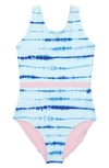 Zella Girl Kids' Reversible Journey One-piece Swimsuit In Blue Clearwater Shibori Stripe