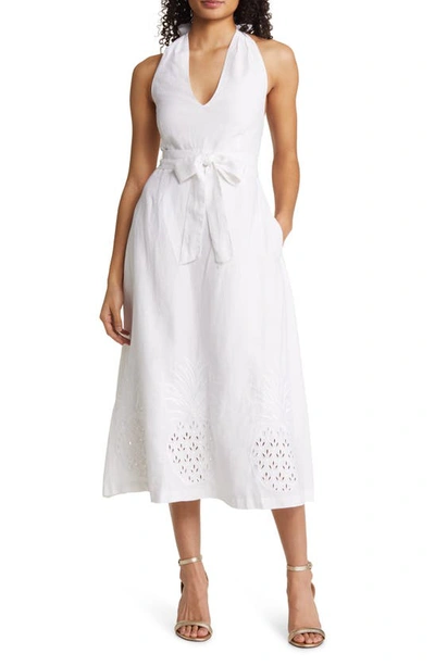 Tommy Bahama Pineapple Embroidered Halter Linen Midi Dress In White