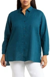 Eileen Fisher Classic Collar Easy Linen Button-up Shirt In Pacific