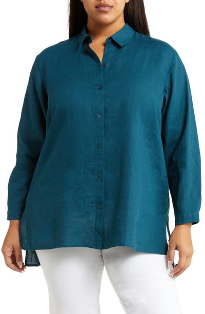 Eileen Fisher Classic Collar Easy Linen Button-up Shirt In Pacific