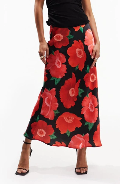 Asos Design Satin Bias Cut Midi Skirt In Bold Poppy Floral Print-multi