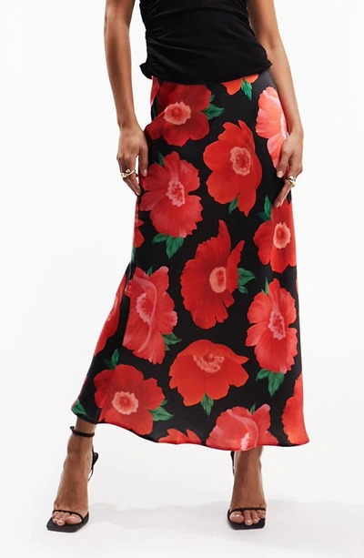 Asos Design Satin Bias Cut Midi Skirt In Bold Poppy Floral Print