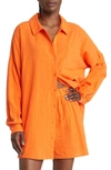 Asos Design Textured Button Through Beach Shirt In Orange - Part Of A Set