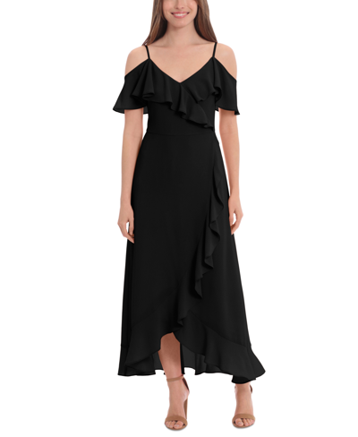 London Times Plus Size Ruffled Cold-shoulder Maxi Dress In Black