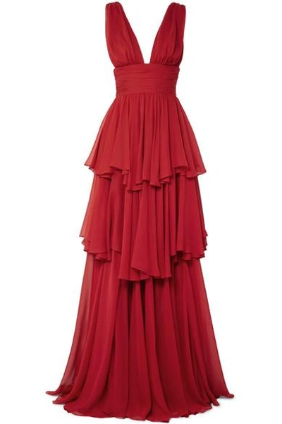 Caroline Constas Paros Tiered Chiffon Maxi Dress In Crimson | ModeSens