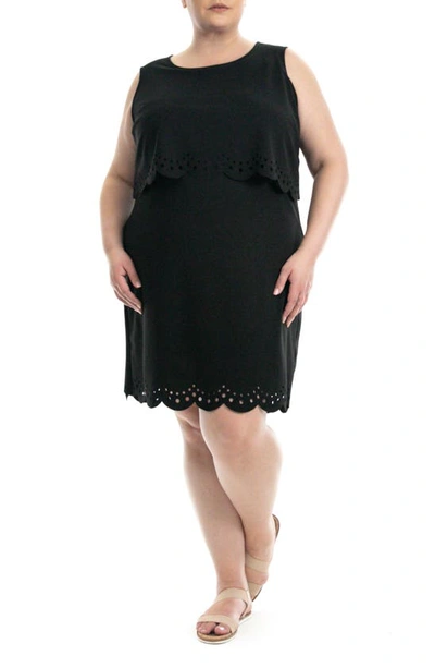 Nina Leonard Laser Cutout Popover Crepe Dress In Black